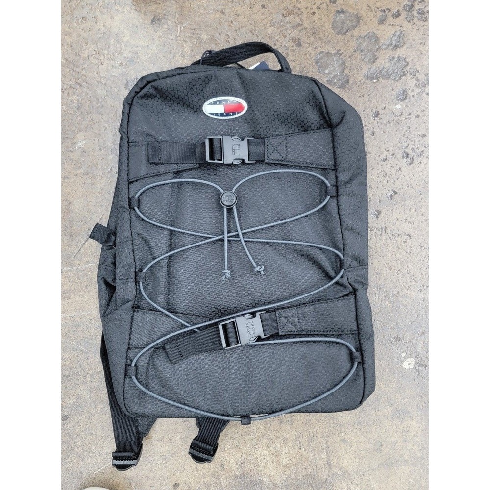 Tommy Jeans Black Hexagonal Pattern Backpack Adjustable Straps Front Bungee